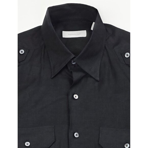 Ermenegildo Zegna Size Medium Mens Black Linen Shoulder Strap Button Down Shirt - Picture 5 of 10